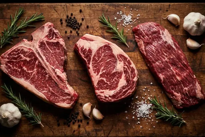 Tre succulenti tagli di carne per una perfetta grigliata: T-bone, costata e scamone, con rosmarino, aglio e sale grosso.