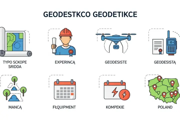 Ikony przedstawiające mapę, geodetę, drona, GPS, teren, kalendarze i mapę Polski.