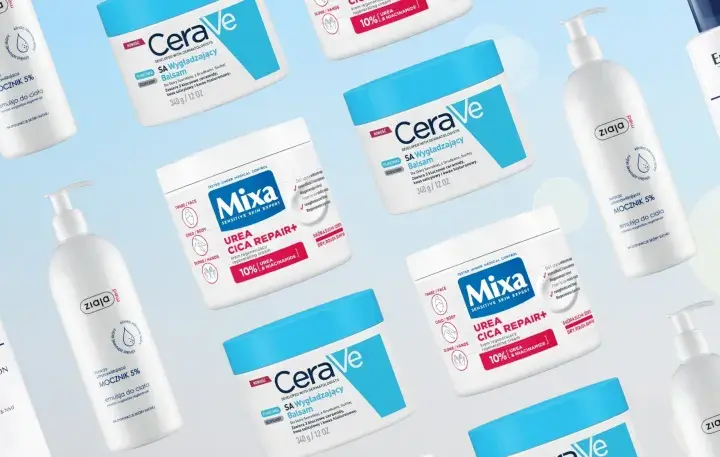 Jaki balsam do ciała wybrać? Na zdjęciu kosmetyki Eucerin, CeraVe, Mixa i Ziaja do pielęgnacji suchej skóry.