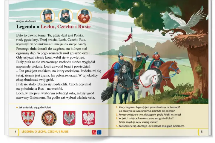 Ilustracja do baśni o Lechu, Czechu i Rusie. Trzej bracia na koniach podziwiają orła na drzewie.
