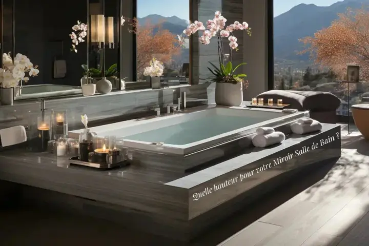 Salle de bain luxueuse avec baignoire, orchidées et vue panoramique. La question "Quelle hauteur pour votre miroir Salle de Bain ?" est inscrite.