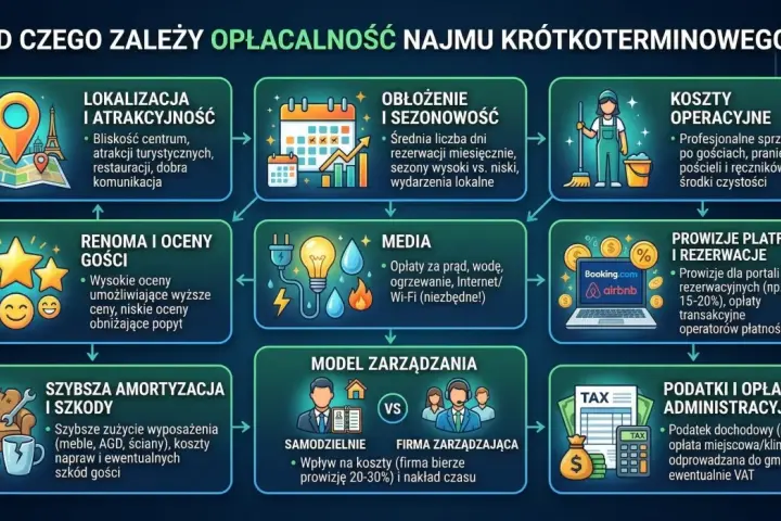 Kluczowe czynniki opłacalności inwestowania w nieruchomości: lokalizacja, obłożenie, koszty, renoma, media, prowizje, amortyzacja, model zarządzania i podatki.