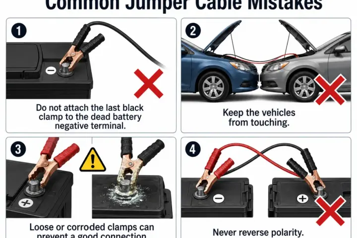 Learn which jumper cable goes on first by avoiding common mistakes: don't attach the last black clamp to the dead battery's negative terminal.