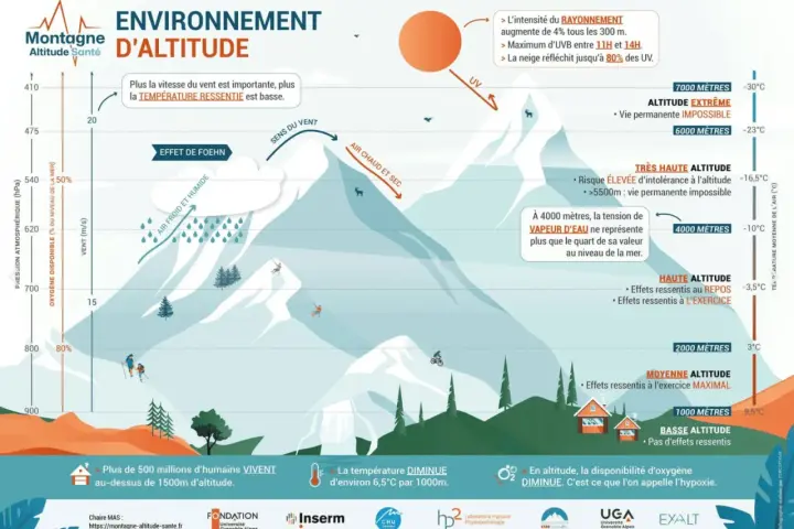 La **perte température altitude** est illustrée par une montagne. Le vent, l'air froid et humide, et l'air chaud et sec influencent les conditions.
