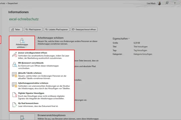 Excel-Schreibschutz aufheben: Optionen zum Schutz von Arbeitsmappen, z.B. "Immer schreibgeschützt öffnen" oder "Mit Kennwort verschlüsseln".