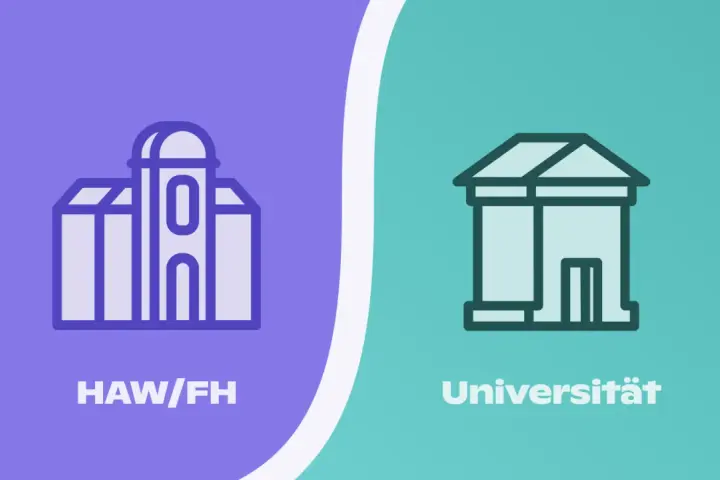 Grafik zeigt Gebäude für HAW/FH und Universität. Der Unterschied zwischen Hochschule und Uni wird visuell dargestellt.