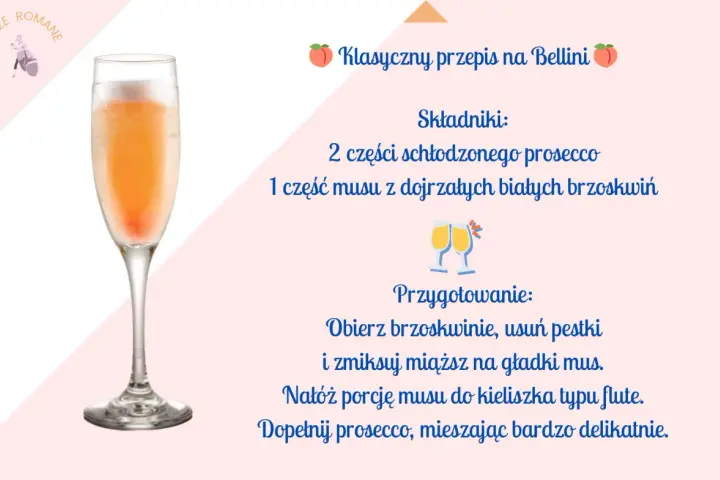 Klasyczny przepis na Bellini: schłodzone prosecco i mus z brzoskwiń w kieliszku typu flute. Idealny na wakacje!