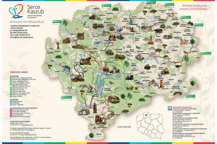 Mapa pokazuje, gdzie leżą Kaszuby, z zaznaczonymi atrakcjami, szlakami rowerowymi, kajakowymi i pieszymi.