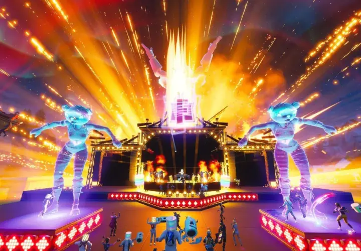 Koncert w Fortnite z Marshmello w roli głównej. Gigantyczne, świecące postacie misiów i wybuchy fajerwerków tworzą niesamowitą atmosferę.