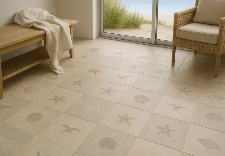 Piastrelle cucina casa al mare con disegni di stelle marine, conchiglie e gabbiani. Un tocco di vacanza per ogni stanza.