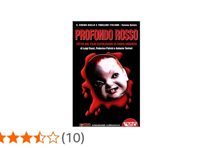 Copertina di "Profondo Rosso", un libro che esplora il capolavoro di Dario Argento, con un inquietante volto di bambola insanguinato che suscita profondo rosso curiosità.