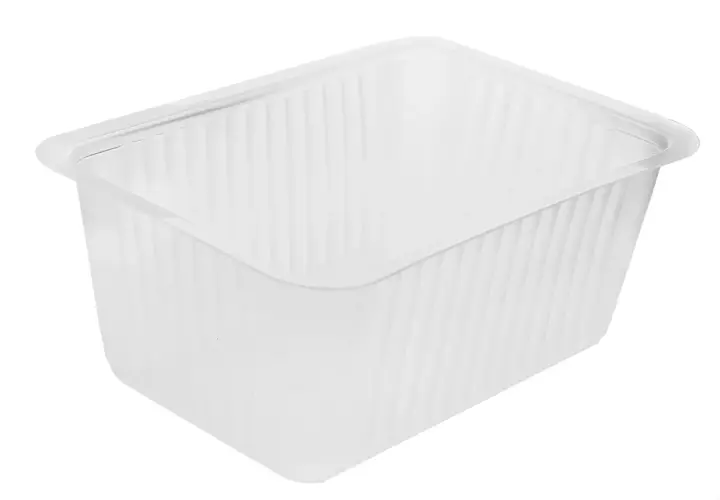 Pojemniki plastikowe 250 ml, idealne do przechowywania żywności, z delikatnymi pionowymi przetłoczeniami.