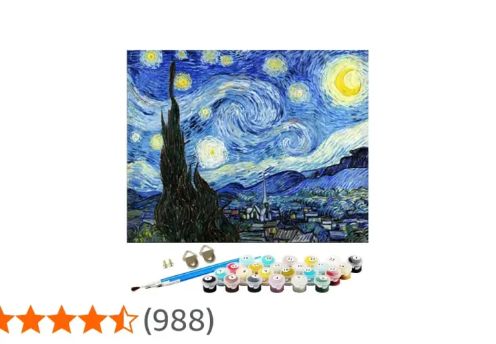 Kit de pintura por números para niños, recreando la noche estrellada de Van Gogh. Incluye pincel y pinturas.