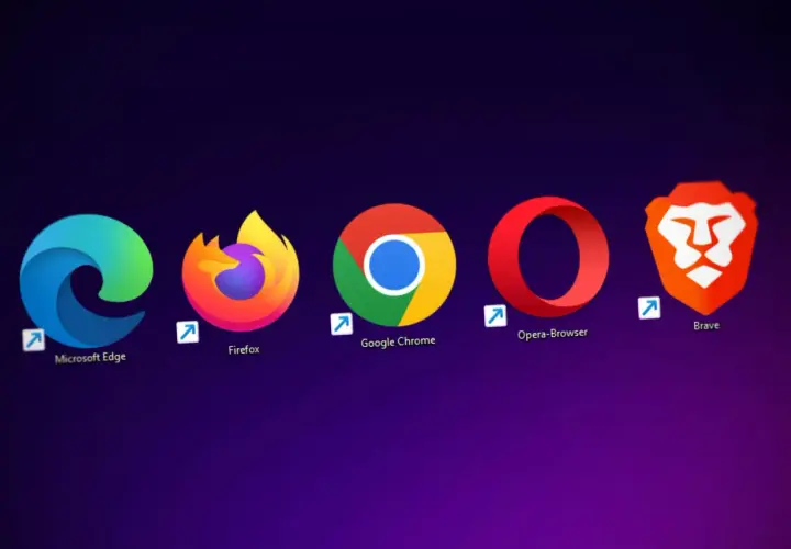 Ikony najpopularniejszych przeglądarek internetowych w Polsce: Microsoft Edge, Firefox, Google Chrome, Opera, Brave.