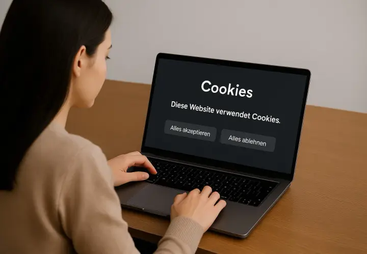 Frau am Laptop entscheidet über optionale Cookies. Sie sieht die Auswahl "Alles akzeptieren" oder "Alles ablehnen".