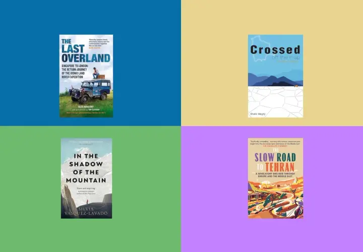 Cztery okładki książek podróżniczych: "The Last Overland", "Crossed off the map", "In the Shadow of the Mountain" i "The Slow Road to Tehran" – inspirujące historie dla miłośników najlepszych książek podróżniczych.