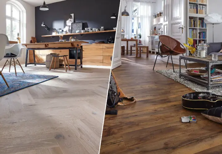 Vergleich von hellem Parkett im Fischgrätmuster mit dunklem Laminatboden. Der Unterschied zwischen Laminat und Parkett wird hier deutlich.