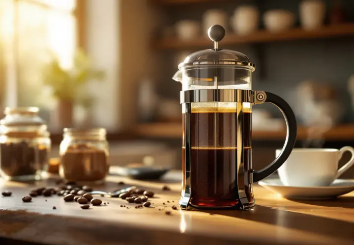 Aromatyczna kawa z french press, ziarna kawy i biała filiżanka na drewnianym blacie.