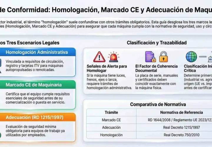 Guía sobre homologación CE, marcado CE y adecuación de maquinaria. Explica los tres escenarios legales: homologación administrativa, marcado CE y adecuación.