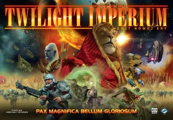 Wojownicy i kosmiczne istoty w grze Twilight Imperium: Świt Nowej Ery.