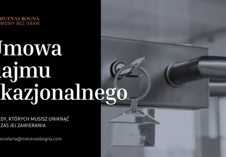 Klucz do drzwi z breloczkiem w kształcie domu, symbolizujący umowę najmu okazjonalnego. Tekst informuje o błędach, których należy unikać przy jej zawieraniu.