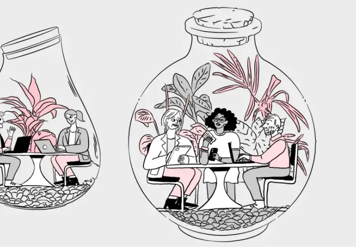 Personas trabajando en terrarios, ilustrando los silos organizacionales.
