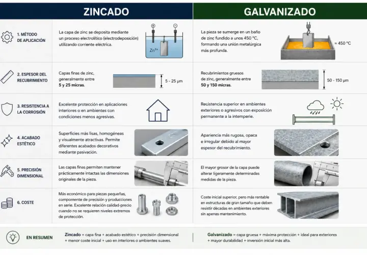 Comparativa de zincado y galvanizado: el zincado ofrece capas finas, acabado estético y precisión dimensional, ideal para interiores.