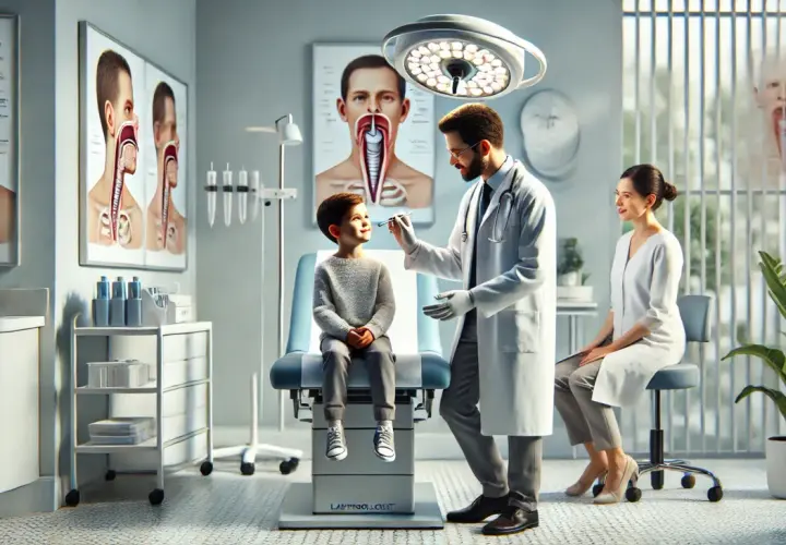 Lekarz bada małego pacjenta, który siedzi na fotelu. Na ścianie wiszą anatomiczne plansze, sugerujące konsultację związaną z podcięciem wędzidełka.