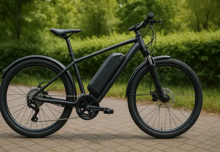 Czarny rower elektryczny wavelo z baterią na ramie, gotowy na miejskie wyprawy po ścieżkach wśród zieleni.