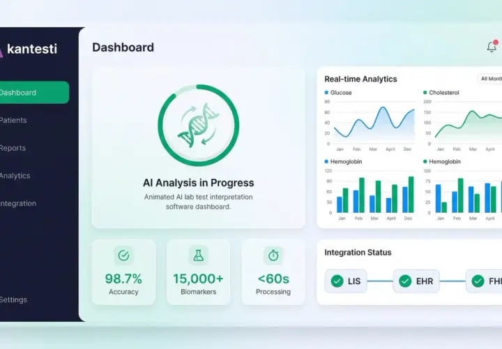 Dashboard di software medici Kantesti: analisi AI in corso, grafici in tempo reale, accuratezza 98.7%, 15.000+ biomarcatori, integrazione LIS/EHR/FHIR.