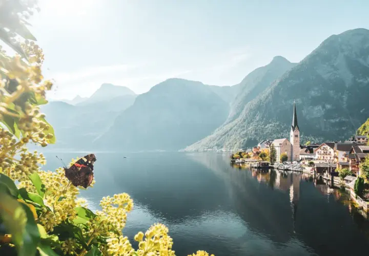 Schmetterling auf blühendem Zweig vor malerischem Dorf am See, umgeben von majestätischem Gebirge Europas.