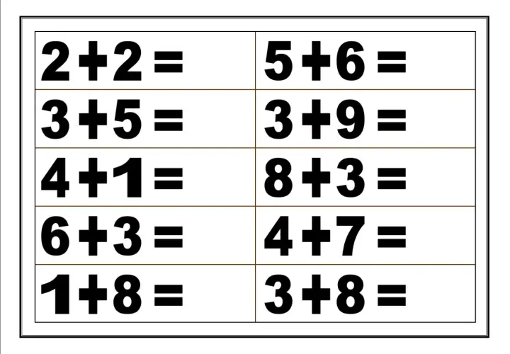 Fichas de sumas y restas para imprimir con ejercicios como 2+2= y 5+6=.