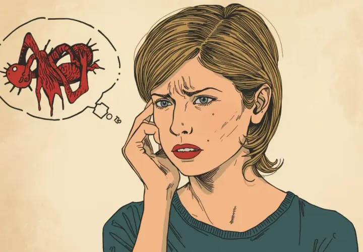 Donna pensierosa con un pensiero inquietante: un ragno rosso stilizzato, perché ho pensieri omicidi.
