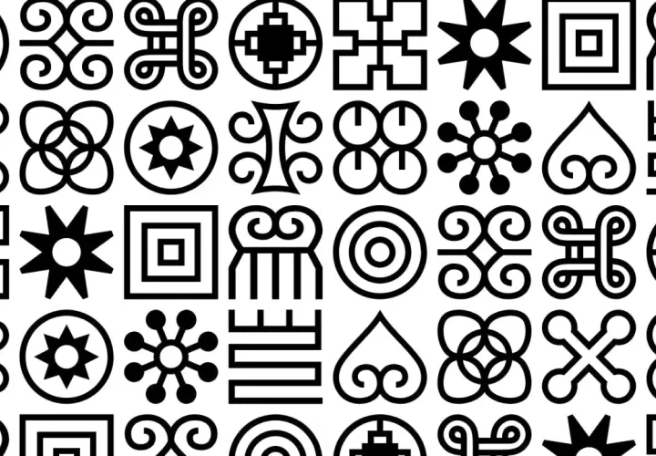 Collection de symboles géométriques noirs sur fond blanc, évoquant un riche motif africain.