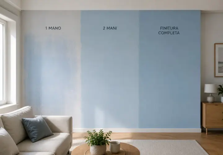 Parete con campiture di colore azzurro che mostrano l'effetto di 1 mano, 2 mani e finitura completa, illustrando nuove tecniche di pittura per interni.