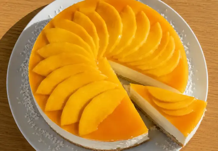 En krämig mango cheesecake med färska mangoskivor som pryder toppen. En bit är uppskuren och visar den läckra fyllningen.
