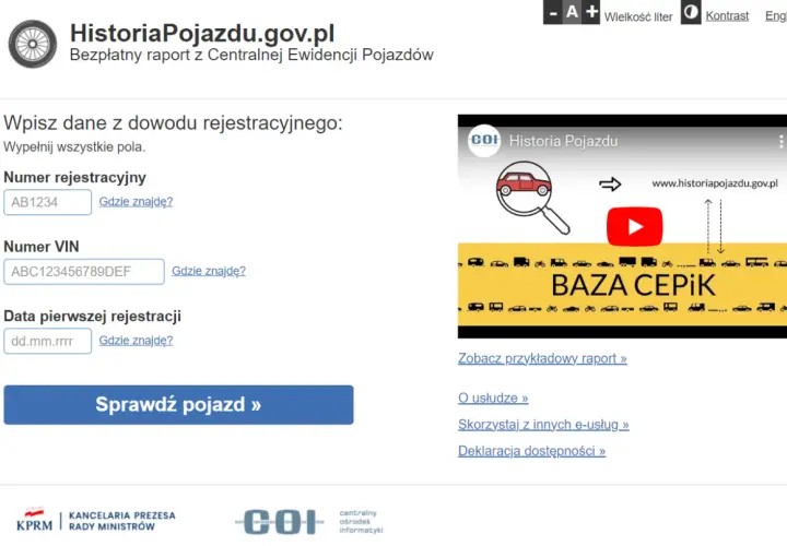 Formularz do wpisania numeru rejestracyjnego, VIN i daty pierwszej rejestracji pojazdu.