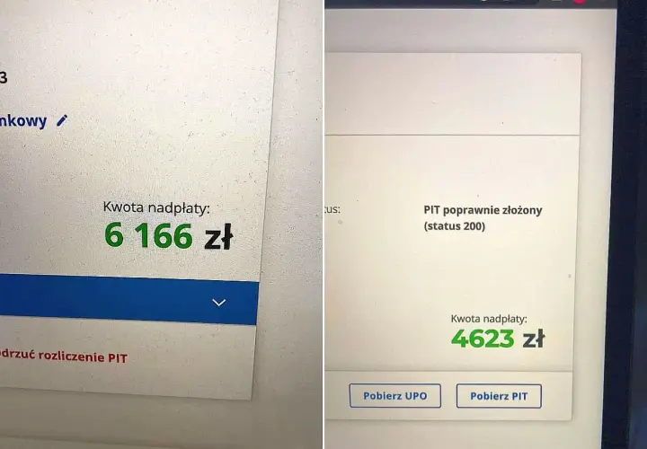 Na ekranie widoczna kwota zwrotu PIT-11: 6166 zł i 4623 zł. PIT poprawnie złożony.