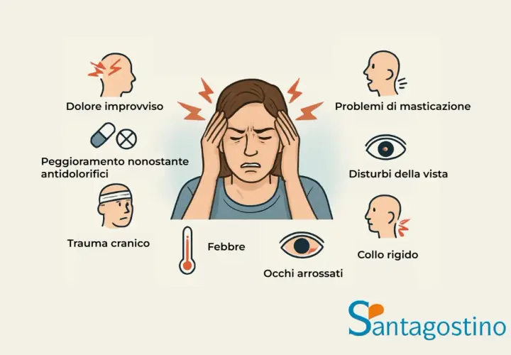 La donna si tiene la testa, con simboli che indicano dolore improvviso, problemi di vista, febbre e rigidità del collo. Mi sento la testa strana.