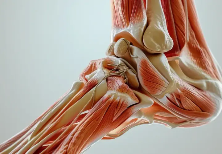 Anatomia stopy z widocznymi mięśniami i ścięgnami, w tym ścięgno Achillesa.