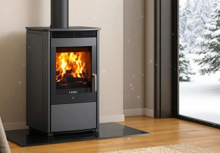 Poêle à bois Cadel en feu, avec une vue sur un paysage enneigé. L'alarme pressostat assure un fonctionnement sûr.