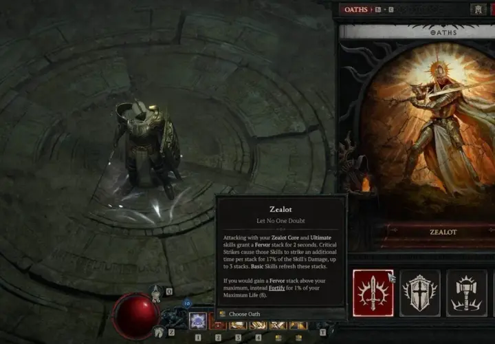 Interface de Diablo 4 : le joueur choisit l'Oath "Zealot", une classe axée sur les attaques rapides et les bonus de dégâts.