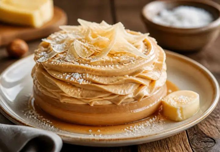 Gâteau crémeux avec chantilly chocolat blanc, garni de copeaux dorés et saupoudré de sucre glace. Un délice visuel et gustatif.