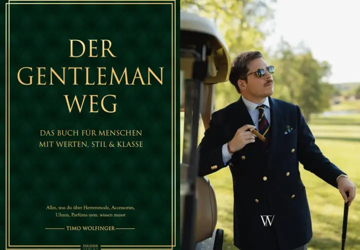 Ein Mann mit Zigarre und Golfschläger verkörpert gentlemanlike verhalten. Daneben das Buch "Der Gentleman Weg" über Stil und Klasse.