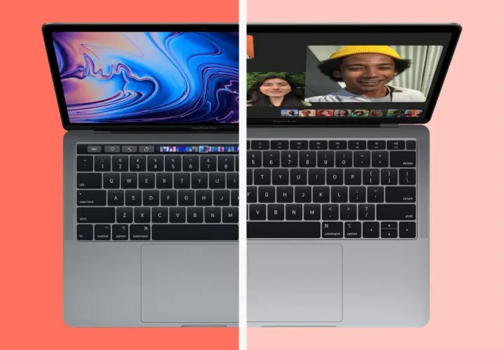 Zwei MacBooks nebeneinander: links ein MacBook Pro mit abstraktem Wallpaper, rechts ein MacBook Air mit Videoanruf. Der MacBook Air und Pro Unterschied wird hier visuell.