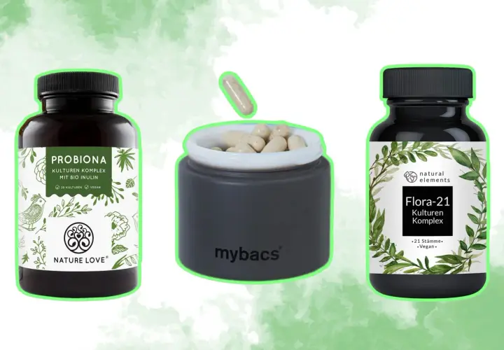 Tres envases de suplementos probióticos, incluyendo "Probiona" y "Flora-21", con cápsulas visibles.