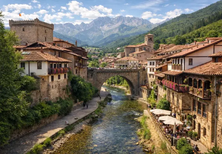 Un pueblo con encanto en Cantabria, con un río que lo atraviesa, un puente medieval y casas de piedra con balcones floridos. ¡Pura magia!
