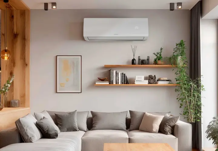 Un aire acondicionado blanco en la pared controla el calor, mostrando 26°C. Debajo, un sofá gris con cojines y estanterías con libros y plantas.
