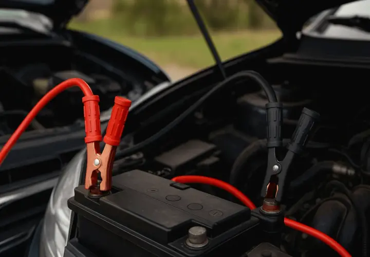 Starta bilen igen! Röda och svarta kablar kopplas till batteriet för att koppla batteri och ge bilen liv.