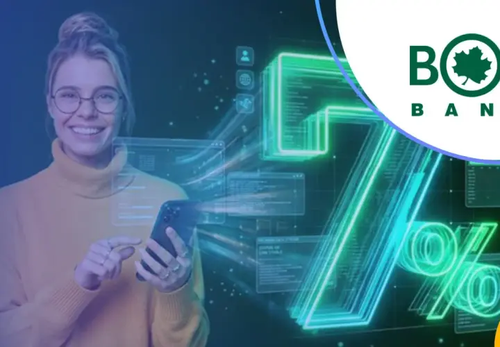 Uśmiechnięta kobieta z telefonem w ręku, obok logo BÓŚ Bank. Neonowe cyfry i znaki procentów sugerują wysokie oprocentowanie konta oszczędnościowego.